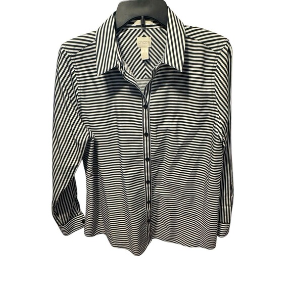 Chicos 1 Blouse Striped Black White Button Down Non Iron Shirt Career Top Preppy - Picture 2 of 9